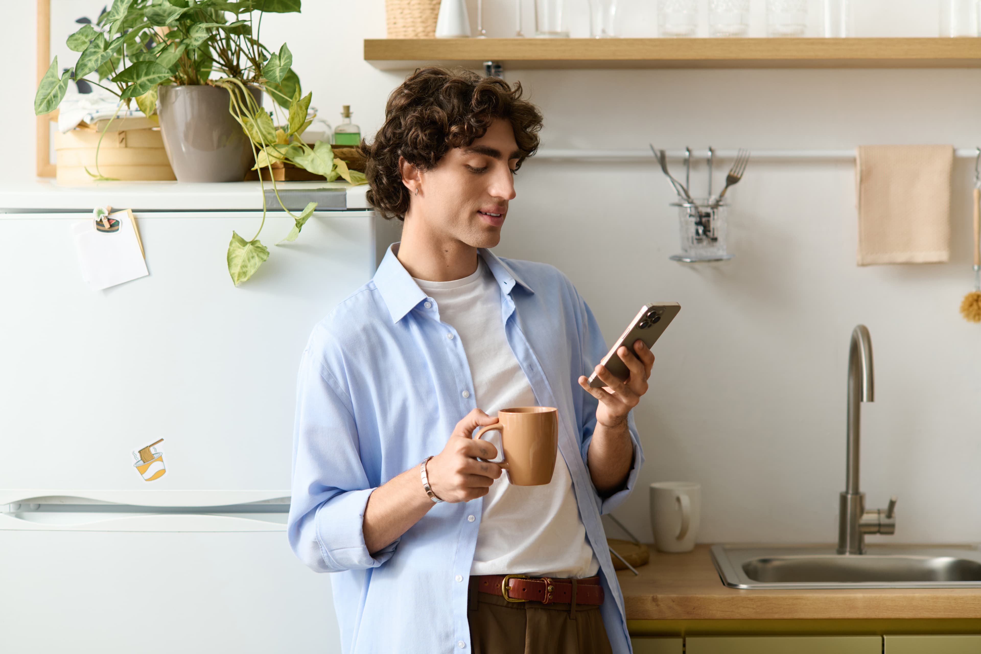 Person on phone in kitchen